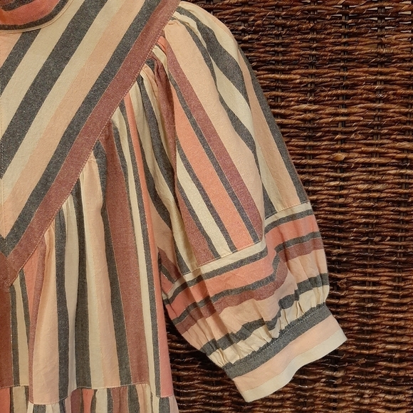 Ulla Johnson Puff Sleeve Dress Metallic Striped Knee Length Tent Tiered Pocket 4 - Picture 3 of 12